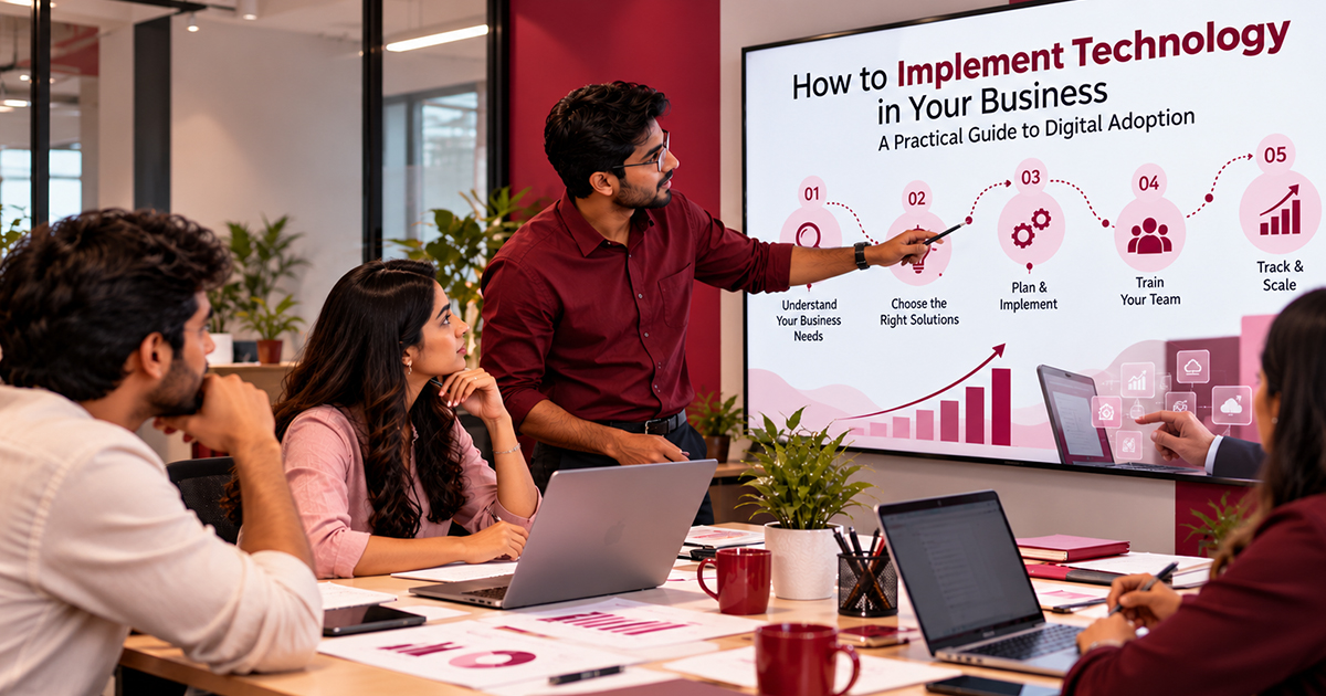 A business professional presenting a five-step technology adoption strategy to a team in a modern office, covering business needs assessment, solution selection, implementation, team training, and performance tracking.