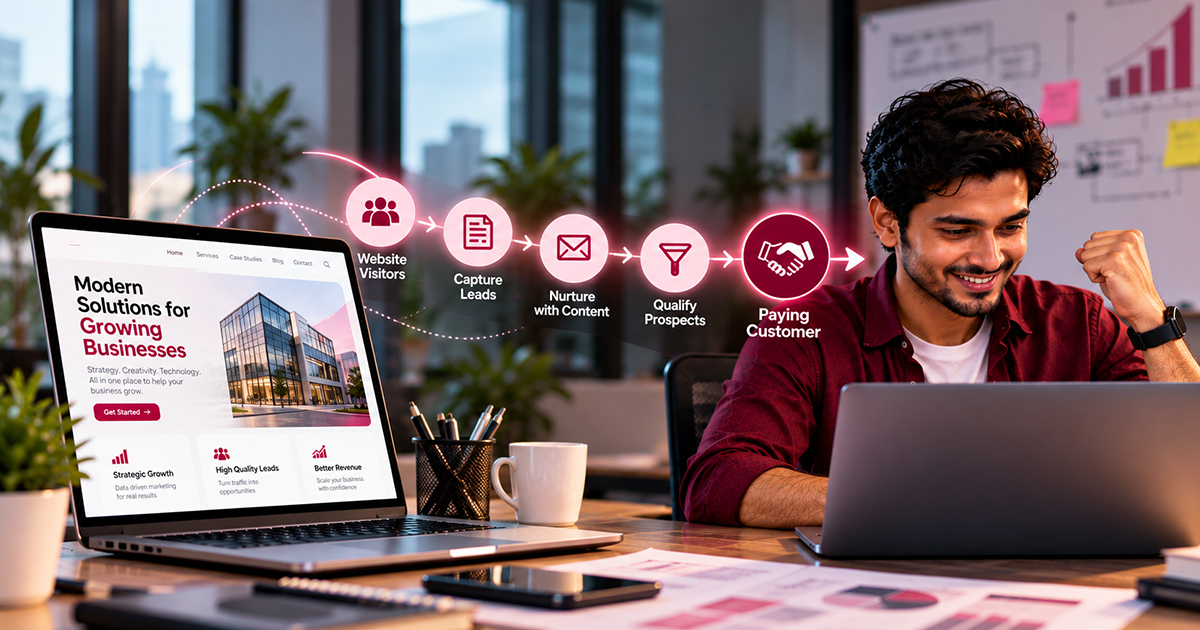 A business owner celebrates as a website visitor conversion funnel illustrates the journey from website visitors to captured leads, content nurturing, qualified prospects, and paying customers.